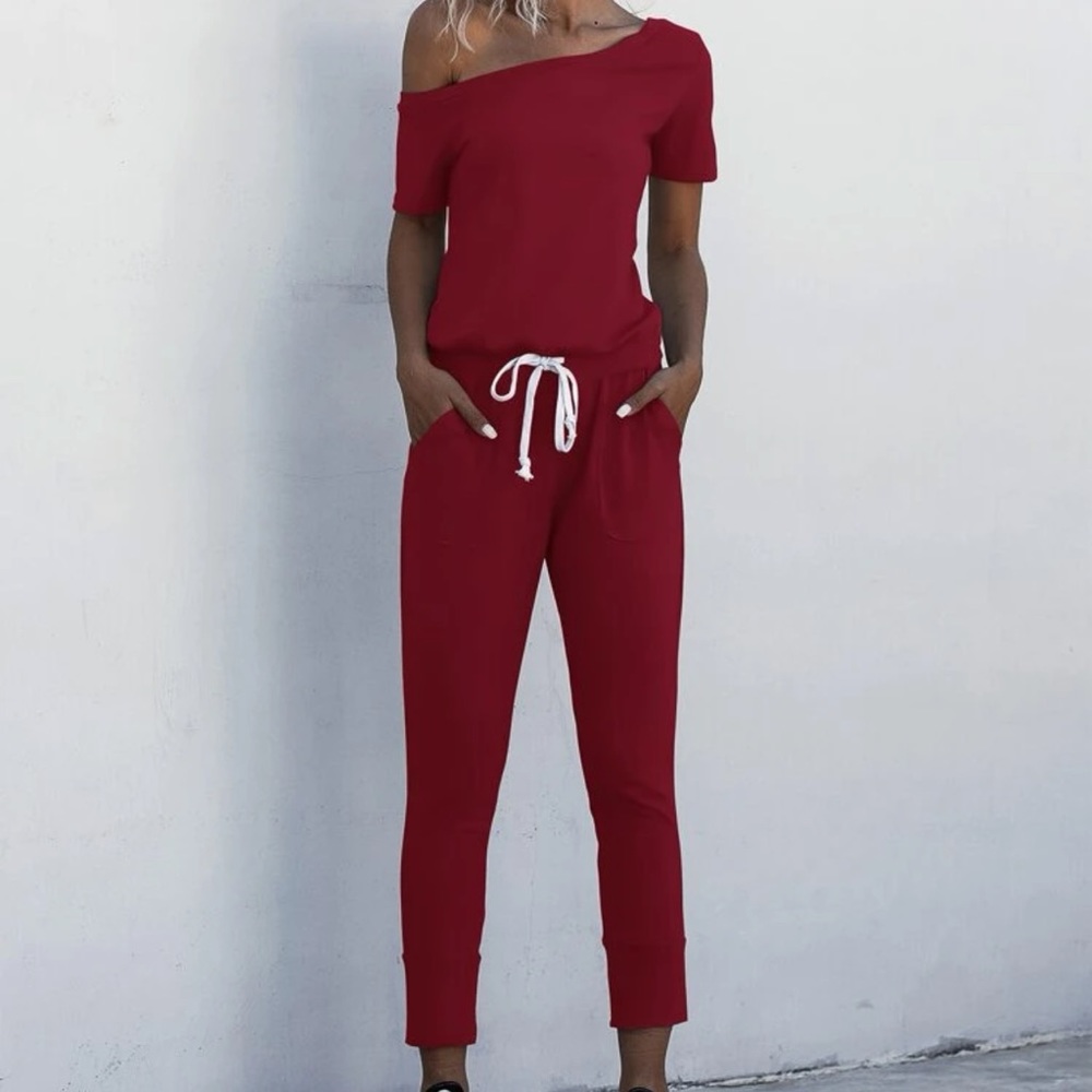 Asymmetrical neck drawstring waist jumpsuit